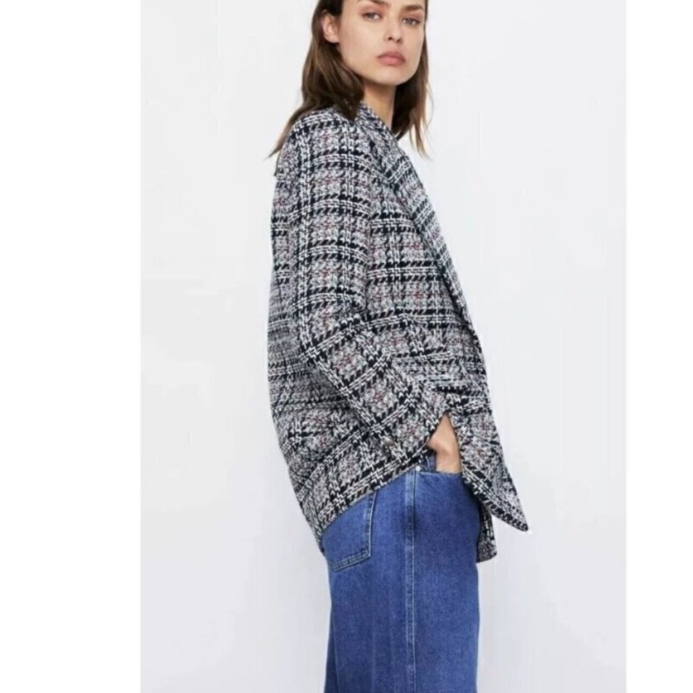 Zara Tweed Blazer Jacket Navy & Red Plaid - Picture 5 of 16